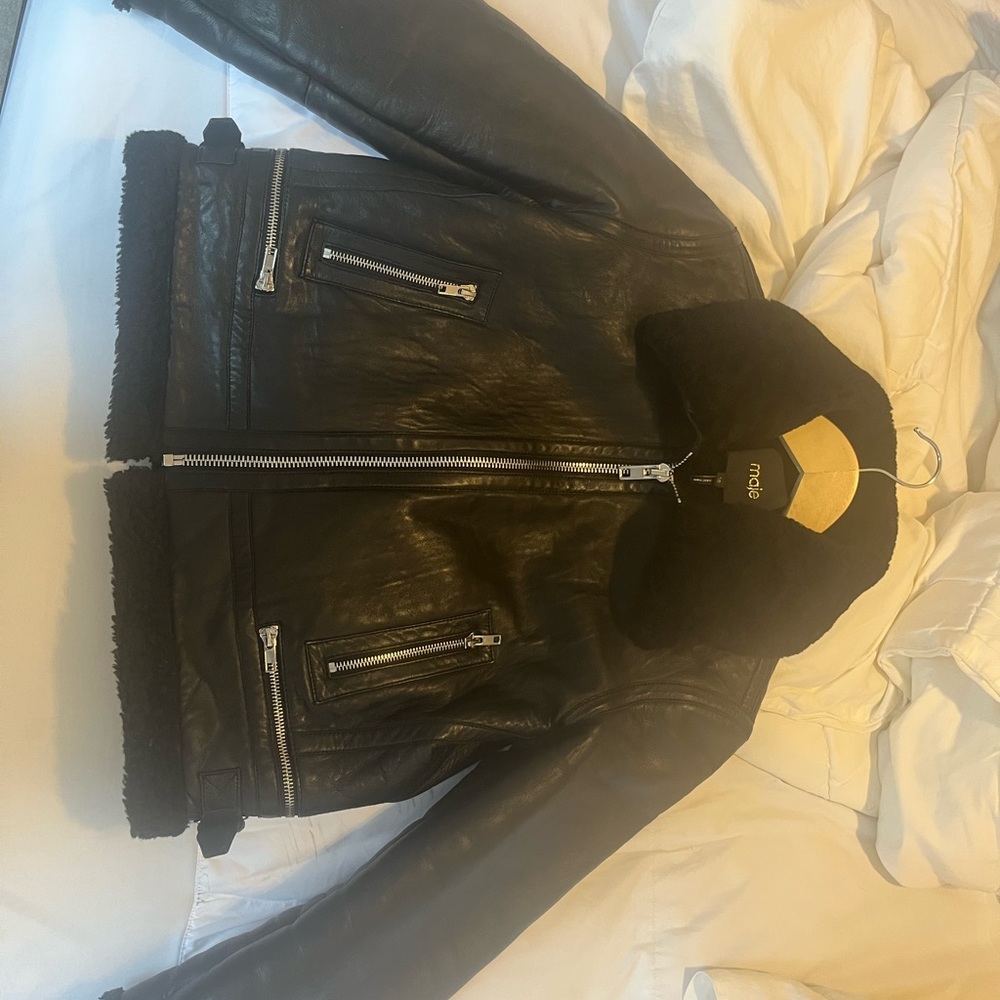Maje Size 38 leather moto jacket with Sherpa lining